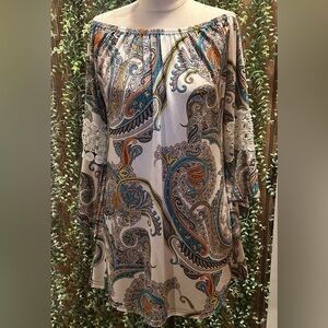 Paisley Print Dress with Lace Bell Sleeves